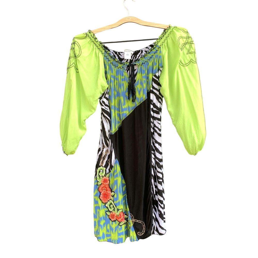 Krista Lee Dress Women's Tunic Small Multicolor Boho Animal Print Embroidered